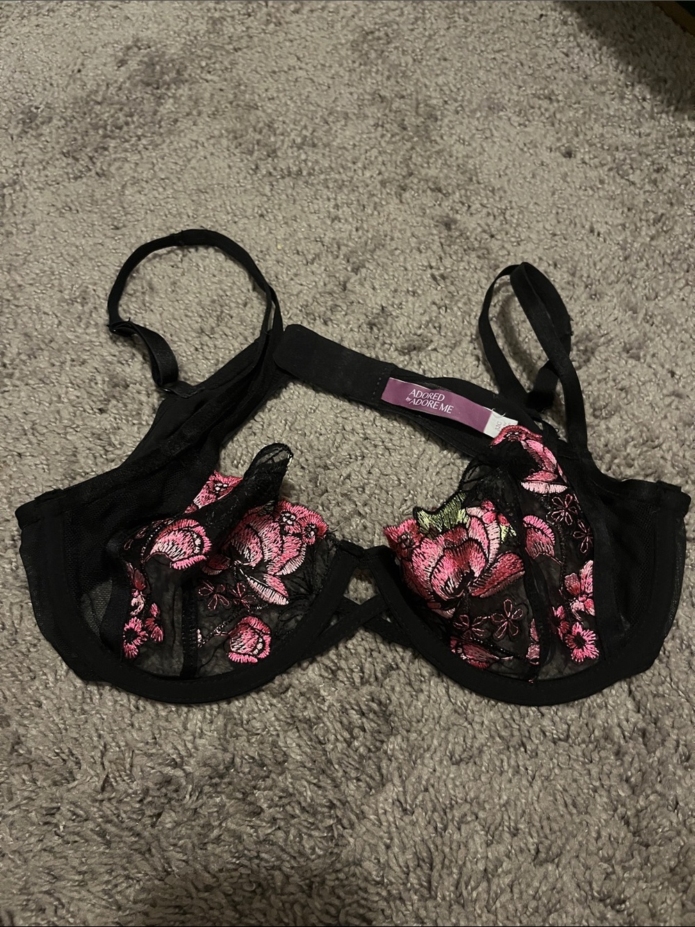 Adore Me Black Mesh Underwire Bra with Pink Floral Embroidery